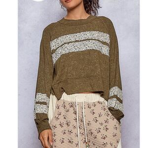 POL Women's Floral Stripe Cropped Sweatshirt Size S Washed Brown Patchwork Boho